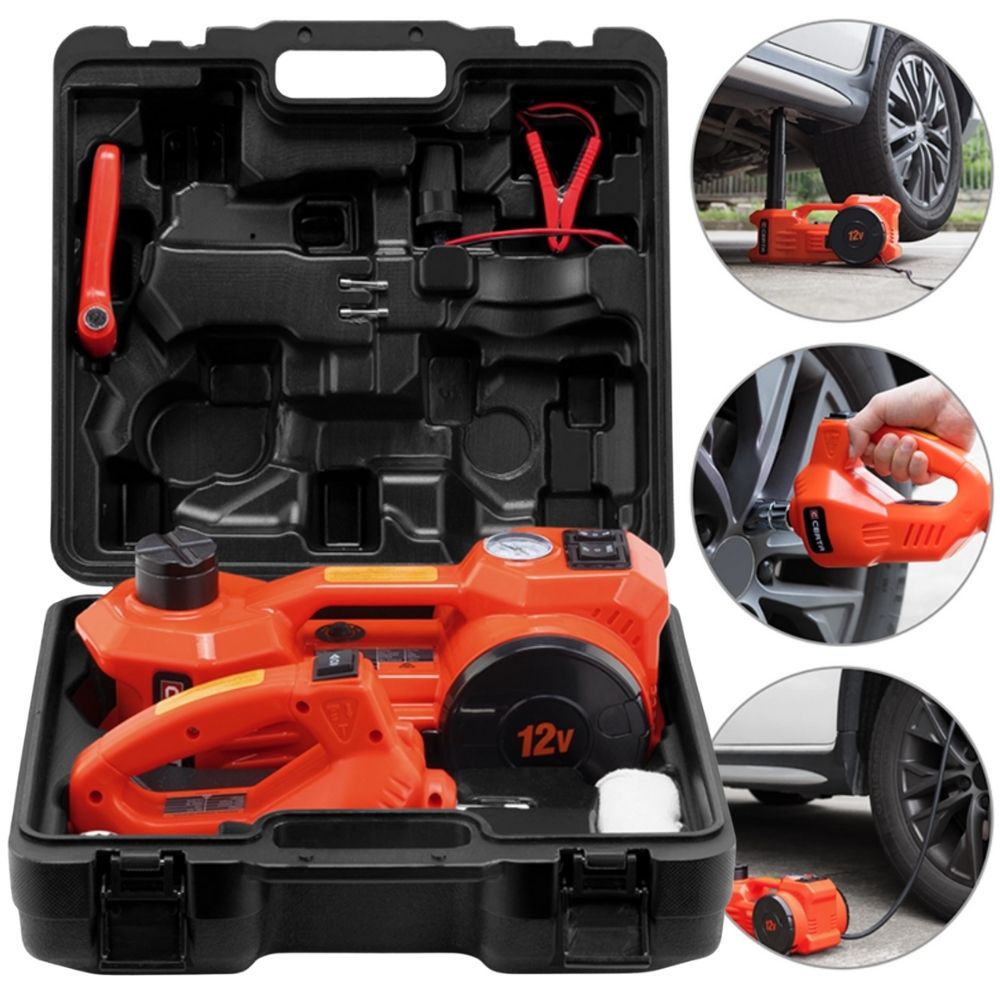 A three in one electric car jack kit with wrench and tire pump