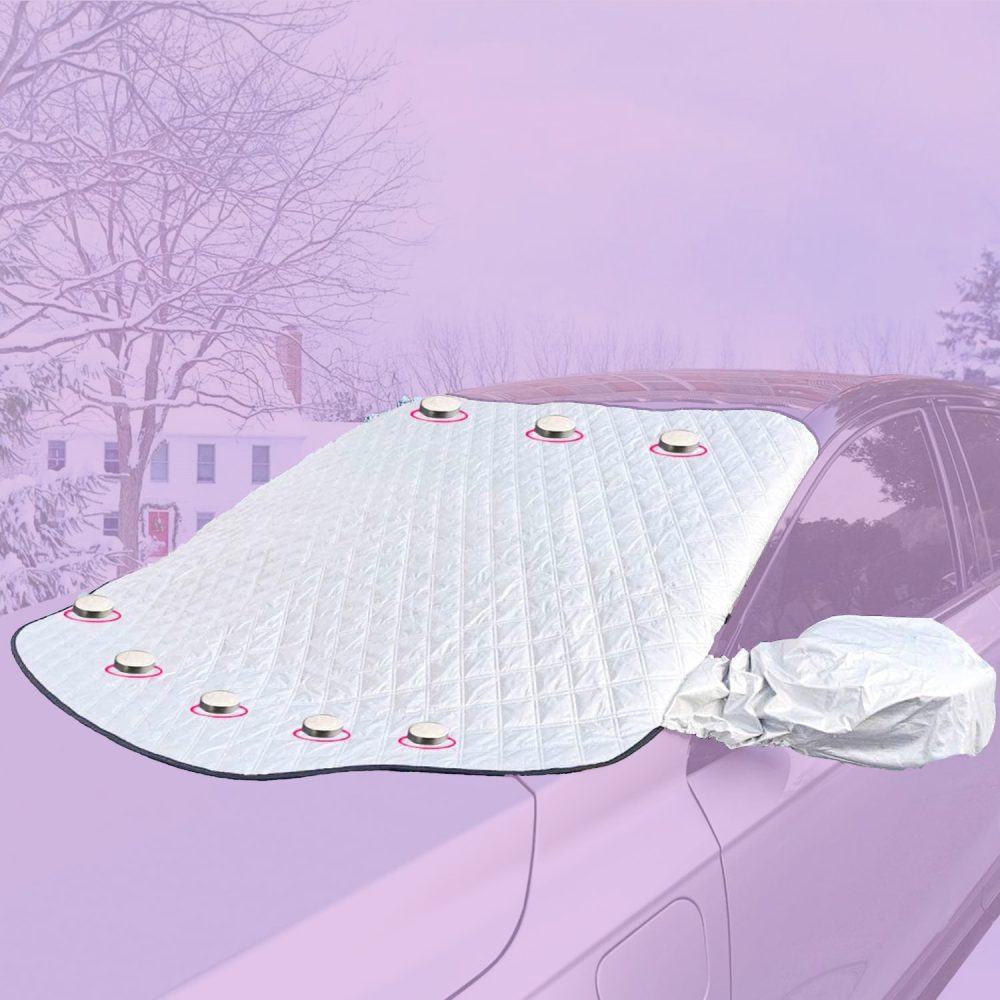 A windshield cover fitted over a car windshield